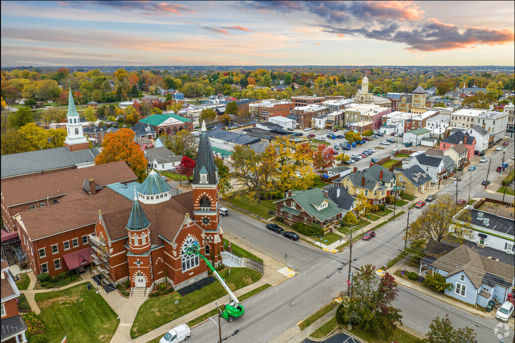 Aerial view of Georgetown, Kentucky with historic church and fall foliage