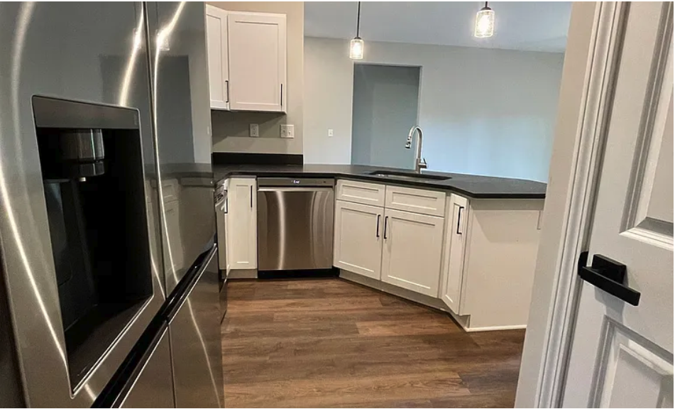 Modern kitchen with white cabinets and stainless steel appliances